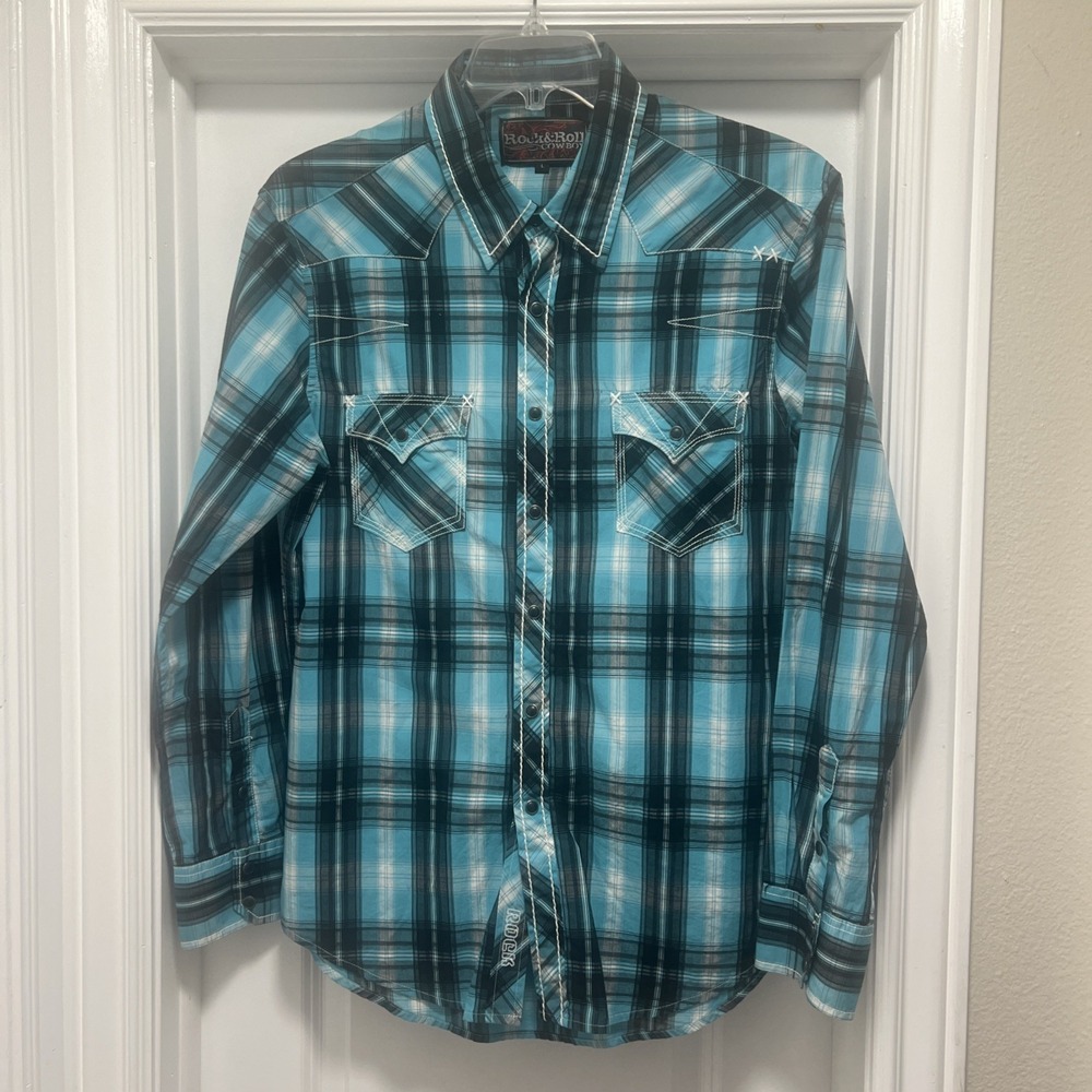 Rock And Roll Shirt Mens Large Cowboy Blue Plaid Pearl Snap Western Plaid Pocket